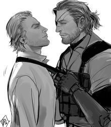  2boys beard collared_shirt commentary_request eye_contact eyepatch facial_hair greyscale horns jiseruu kazuhira_miller looking_at_another male_focus mature_male mechanical_arms metal_gear_(series) metal_gear_solid_v:_the_phantom_pain monochrome multiple_boys neckwear_grab parted_lips ponytail prosthesis prosthetic_arm realistic scar scar_across_eye scar_on_face shirt short_hair simple_background single_horn single_mechanical_arm smile venom_snake yaoi 