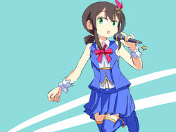  black_hair blue_background blue_skirt blue_thighhighs blue_vest brown_hair character_name commentary cosplay english_commentary female fubuki_(kancolle) green_eyes hair_ornament hair_ribbon hairclip hololive idol kantai_collection long_hair looking_at_viewer low_ponytail microphone one-hour_drawing_challenge open_mouth pleated_skirt ponytail red_ribbon ribbon shirt short_ponytail sidelocks sixten skirt sleeveless sleeveless_shirt solo star_(symbol) star_hair_ornament thighhighs tokino_sora tokino_sora_(1st_costume) tokino_sora_(cosplay) vest virtual_youtuber white_shirt wrist_cuffs 