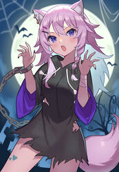  :o absurdres animal_ear_fluff animal_ears aotake_iro black_hoodie blue_hair breasts claw_pose colored_inner_hair ear_piercing female halloween highres hood hoodie kemonomimi_mode looking_at_viewer medium_breasts multicolored_hair nijisanji nijisanji_kr no_pants nun_bora oerba_yun_fang open_hands open_mouth piercing purple_eyes purple_hair solo tail torn_clothes torn_hoodie v-shaped_eyebrows virtual_youtuber wolf_ears wolf_tail 