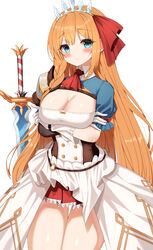  arms_under_breasts ascot bad_id bad_pixiv_id blue_eyes blush breasts cleavage closed_mouth crossed_arms female gloves hair_ribbon highres large_breasts long_hair looking_at_viewer orange_hair pecorine_(princess_connect!) pleated_skirt princess_connect! puffy_short_sleeves puffy_sleeves red_ascot red_ribbon red_skirt ribbon short_sleeves shrug_(clothing) simple_background skirt solo sword thigh_gap tiara very_long_hair w.k weapon white_background white_gloves 