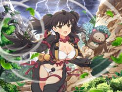  aerokinesis ahoge beads belt breasts brown_eyes brown_hair cape cloud cloudy_sky dark_clouds female gourd grey_sky hair_ornament hat holding holding_leaf japanese_clothes large_breasts leaf leaf_fan leaf_hair_ornament lightning looking_at_viewer misato_(senran_kagura) official_art panties pom_pom_(clothes) pontarou_(senran_kagura) prayer_beads raccoon raccoon_tail rain red_ribbon revealing_clothes ribbon senran_kagura senran_kagura_new_link senran_kagura_new_wave sky smile solo storm storm_cloud tail tanuki third-party_source tohno_tengu_shinobi_group_uniform tokin_hat twintails underwear water water_drop white_panties wind yaegashi_nan 