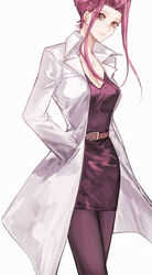  absurdres aged_up belt belt_buckle black_pantyhose breasts brown_belt brown_eyes buckle cleavage closed_mouth collarbone commentary dress english_commentary female hair_intakes hand_in_pocket highres izayoi_aki lab_coat medium_breasts naoki_(2rzmcaizerails6) pantyhose purple_dress red_hair short_dress short_hair_with_long_locks sidelocks simple_background smile solo standing white_background yu-gi-oh! yu-gi-oh!_5d&#039;s 