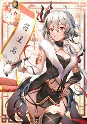  absurdres adapted_costume ahoge asc11 asymmetrical_gloves bare_shoulders belly bird black_dress black_gloves black_hair black_thighhighs blush breasts calligraphy_brush chicken chinese_commentary chinese_new_year chinese_text cleavage clothing_cutout coattails collar cowboy_shot dress dual_persona elbow_gloves female fingerless_gloves fu_hua fu_hua_(herrscher_of_sentience) fu_hua_(onyx_simurgh)_(herrscher_of_sentience) fu_hua_(valkyrie_accipiter) fur_trim gloves hair_between_eyes hair_ornament hairpin hand_on_own_hip headpiece highres holding holding_brush holding_paintbrush honkai_(series) honkai_impact_3rd jingwei_(bird) long_hair low-tied_long_hair low_ponytail mismatched_gloves multicolored_hair navel new_year official_alternate_costume on_head paintbrush parted_lips ponytail red_eyes revealing_clothes scroll sleeveless small_breasts smile solo streaked_hair thighhighs thighs translation_request two-tone_hair white_gloves white_hair 