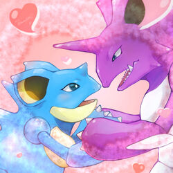  artist_name blue_eyes blush breasts bright_pupils claws commentary couple eye_contact from_side hands_up heart height_difference highres holding_hands horns ka_ei_volltis light_blush looking_at_another medium_breasts nidoking nidoqueen no_humans open_mouth pink_background pokemon pokemon_(creature) profile sharp_teeth signature single_horn standing straight teeth twitter_username upper_body white_pupils 