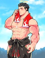  1boy abs bara black_hair blue_sky blush burn_scar cloud cloudy_sky collarbone day english_commentary expressionless facial_hair halo highres hip_vent lisuchi male_focus muscular muscular_male navel nipples outdoors pectorals scar short_hair sideways_glance sky solo stubble sweat tokyo_afterschool_summoners topless_male towel towel_around_neck wiping wiping_face zabaniyya_(housamo) 