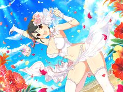  bad_link baozi baozi_hair_ornament beach bead_belt black_hair blush bouquet breasts bridal_legwear bridal_lingerie bridal_veil choker female firecrackers flower food fuse hair_ornament highres large_breasts lingerie looking_at_viewer meimei_(senran_kagura) ocean official_alternate_costume official_art open_mouth orange_eyes red_flower sandals senran_kagura senran_kagura_new_link senran_kagura_new_wave short_hair smile solo underwear veil water white_choker yaegashi_nan 