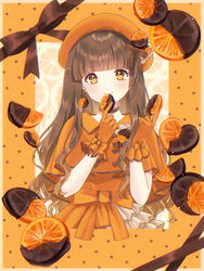  arms_up beret blunt_bangs border brown_choker brown_hair capelet chocolate choker closed_mouth commentary female food food-themed_hair_ornament frilled_skirt frills fruit fruit_background gloves hair_ornament hands_up hat head_tilt holding holding_food holding_fruit kompeitou_(lemon_garden) light_blush long_hair looking_at_viewer orange_(fruit) orange_background orange_border orange_capelet orange_eyes orange_gloves orange_hair_ornament orange_hat orange_shirt orange_slice orange_theme orangette original polka_dot_border ribbon shirt skirt smile solo straight-on valentine very_long_hair white_skirt 