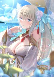  beach bikini blue_eyes blue_ribbon blue_sky blush breasts cleavage cloud commentary_request day detached_sleeves fate/grand_order fate_(series) female fingernails flower grey_hair hair_flower hair_ornament hair_ribbon highres large_breasts light_smile long_hair looking_at_viewer mishiro_(ixtlolton) morgan_le_fay_(fate) morgan_le_fay_(water_princess)_(fate) ocean official_alternate_costume outdoors parasol parody ponytail ribbon robe rose sand signature sky solo style_parody sunlight swimsuit takeuchi_takashi_(style) umbrella very_long_hair water wet white_bikini white_flower white_robe 