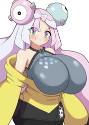  alternate_breast_size bow-shaped_hair breasts character_hair_ornament female hair_ornament hexagon_print highres huge_breasts impossible_clothes impossible_shirt iono_(pokemon) jacket jaga334 long_hair low-tied_long_hair oppai_loli oversized_clothes pokemon pokemon_sv sharp_teeth shirt sleeveless sleeveless_shirt sleeves_past_fingers sleeves_past_wrists solo teeth very_long_sleeves yellow_jacket 