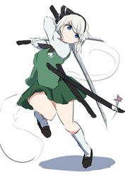  absurdres arms_up black_footwear black_hairband blue_eyes breasts closed_mouth female flower full_body ghost ghost_print green_skirt green_vest grey_hair hair_between_eyes hairband hands_up highres katana konpaku_youmu konpaku_youmu_(ghost) leg_up long_sleeves looking_to_the_side medium_breasts pink_flower refuson_man shadow shirt shoes short_hair simple_background skirt socks solo standing standing_on_one_leg sword touhou vest weapon white_background white_shirt white_socks 