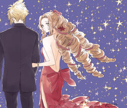  1boy aerith_gainsborough aerith_gainsborough_(red_dress) ancotsubu backless_dress backless_outfit bare_shoulders black_jacket black_pants black_suit blonde_hair bracelet breasts brown_hair cloud_strife couple curly_hair dress earrings female final_fantasy final_fantasy_vii final_fantasy_vii_remake flower formal from_behind green_eyes hair_flower hair_ornament hair_ribbon highres holding_another&#039;s_arm jacket jewelry long_hair medium_breasts necklace pants parted_bangs purple_background red_dress ribbon ringlets sidelocks sparkle sparkle_background spiked_hair straight suit upper_body 