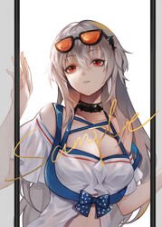  amurys arknights bare_shoulders black_choker breasts choker cleavage eyewear_on_head female grey_hair hair_between_eyes hand_up highres long_hair looking_at_viewer no_headwear off-shoulder_shirt off_shoulder official_alternate_costume orca_hair_ornament parted_lips red_eyes sample_watermark shirt short_sleeves skadi_(arknights) skadi_(waverider)_(arknights) solo sunglasses upper_body watermark white_background white_shirt 