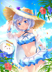  absurdres alternate_costume arm_up beach bikini bikini_skirt blue_bikini blue_choker blue_eyes blue_flower blue_hair blush choker clothes_down collarbone cowboy_shot criss-cross_halter female flat_chest flower gochuumon_wa_usagi_desu_ka? gradient_bikini hair_between_eyes halterneck hat hat_flower hibiscus highres jacket kafuu_chino kirara_fantasia layered_bikini long_hair long_sleeves navel noshi_nono ocean open_clothes open_jacket open_mouth outdoors pleated_skirt purple_flower red_flower signature skirt solo standing stomach straw_hat summer sun_hat sunlight swimsuit tippy_(gochiusa) white_jacket yellow_hat 