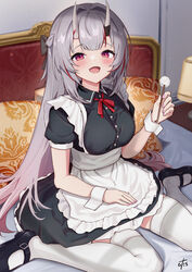  :d alternate_costume apron bed black_footwear blush braid commentary_request commission enmaided female french_braid gradient_hair grey_hair highres hitachi_sou hololive horns indoors long_hair looking_at_viewer maid mimikaki multicolored_hair nakiri_ayame neck_ribbon oerba_yun_fang on_bed pillow red_eyes red_hair ribbon sitting skeb_commission skin-covered_horns skin_fang smile solo streaked_hair thighhighs virtual_youtuber waist_apron wariza white_thighhighs wrist_cuffs 