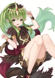  :d absurdres arm_up brown_dress commentary_request dress eyebrows_hidden_by_hair feet_out_of_frame female fire_emblem fire_emblem_heroes floating_hair fur-trimmed_dress fur_trim green_eyes green_hair hair_between_eyes hako_momiji hand_up headpiece high_ponytail highres knees_together_feet_apart knees_up long_hair looking_at_viewer open_mouth ponytail simple_background smile solo teeth thighs tiki_(fire_emblem) tiki_(young)_(fire_emblem) upper_teeth_only very_long_hair white_background 