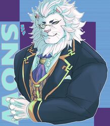  anthro butler clothing eyewear felid fur gloves half-length_portrait handwear hi_res izm_rm7 lifewonders lion male mammal mane monocle muscular muscular_anthro muscular_male pantherine pecs portrait snow_(tas) solo tokyo_afterschool_summoners white_body white_fur 