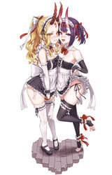  2girls alternate_costume ankle_cuffs apron asanagi bare_shoulders black_bow black_dress black_footwear black_legwear black_panties blonde_hair blush bob_cut bow bowtie breasts bridal_garter bridal_gauntlets clothes_lift detached_collar dress dress_lift enmaided eyeliner facial_mark fate/grand_order fate_(series) frilled_apron frilled_bridal_gauntlets frilled_cuffs frilled_dress frilled_garter frills full_body hairbow high_heels highres horns ibaraki_douji_(fate) lifting_own_clothes lips long_hair looking_at_viewer maid maid_headdress makeup mary_janes multiple_girls neck_ribbon oni open_mouth panties pointy_ears ponytail purple_eyes purple_hair red_bow red_bowtie red_ribbon ribbon shoes short_eyebrows short_hair shuten_douji_(fate) side-tie_panties side-tie_peek side_ponytail simple_background skin-covered_horns skindentation sleeveless sleeveless_dress small_breasts smile standing strapless strapless_dress tattoo thighhighs thighs toeless_legwear underwear waist_apron white_apron white_background white_bow white_panties white_thighhighs wrist_cuffs yellow_eyes zettai_ryouiki 