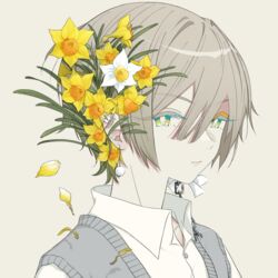  absurdres aqua_eyes bad_id bad_pixiv_id blue_menouu bright_pupils chain_earrings chains collared_shirt commentary daffodil ear_piercing earrings falling_petals female flower glint grey_background grey_hair hair_between_eyes hair_flower hair_ornament highres jewelry looking_at_viewer mismatched_earrings multicolored_eyes original pearl_earrings petals piercing portrait shirt short_hair simple_background solo white_flower white_shirt wing_collar yellow_eyes yellow_flower 