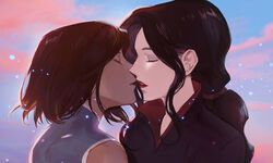  2girls asami_sato avatar_legends bad_id bad_twitter_id black_hair brown_hair closed_eyes commentary_request eyeshadow h_nut imminent_kiss korean_commentary korra lipstick low_ponytail makeup multiple_girls parted_lips ponytail red_lips short_hair sleeveless the_legend_of_korra upper_body yuri 