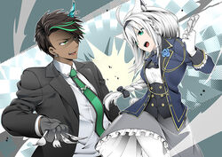  1boy ahoge animal_ear_fluff animal_ears aragami_oga ascot black_hair black_jacket blue_ascot blue_flower blue_jacket blue_rose braid braided_ponytail breasts collared_shirt commentary_request corset dark_skin earrings female flower fork fox_ears fox_girl gloves green_eyes green_hair green_necktie grey_gloves grey_skirt hair_between_eyes holding holding_fork holding_knife hololive holostars horns ice_horns jacket jewelry knife long_hair long_sleeves looking_at_another multicolored_hair necktie official_alternate_costume okochama_sensou_(vocaloid) open_clothes open_jacket open_mouth pantyhose rose sharp_teeth shirakami_fubuki shirakami_fubuki_(aristocrat_kei) shirt sidelocks sikijyou single_braid single_horn skirt small_breasts streaked_hair teeth virtual_youtuber white_gloves white_hair white_pantyhose white_shirt 