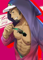  1boy abs alternate_pectoral_size bara bare_pectorals baseball_cap clenched_teeth commentary commission dark-skinned_male dark_skin edging_underwear facial_hair goatee green_male_underwear halloween hand_up hat holding holding_removed_eyewear kashi_kosugi kukui_(pokemon) large_pectorals male_focus male_underwear male_underwear_peek muscular muscular_male navel nipples onesie pectorals pokemon pokemon_sm shorts signature smile solo stomach teeth underwear unworn_eyewear white_hat 