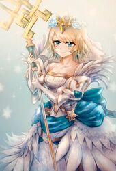  bad_id bad_twitter_id blonde_hair blue_eyes bride closed_mouth commentary_request crown dress earrings feather_trim feh_xeri female fire_emblem fire_emblem_heroes fjorm_(bridal)_(fire_emblem) fjorm_(fire_emblem) flower hair_flower hair_ornament highres holding holding_staff jewelry short_hair simple_background solo staff strapless strapless_dress veil wedding_dress white_dress 