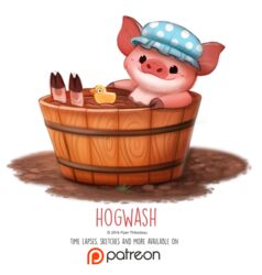  2016 ambiguous_gender anthro bathtub beady_eyes black_eyes digital_media_(artwork) digital_painting_(artwork) domestic_pig english_text fur humor mammal mud pink_body pink_fur piper_thibodeau pun rubber_duck shower_cap simple_background smile solo suid suina sus_(pig) text visual_pun white_background 