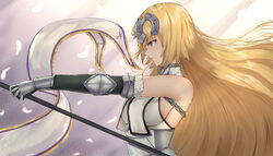  armor armored_dress bao_(s_888) blonde_hair blue_eyes breasts chains commentary_request fate/apocrypha fate/grand_order fate_(series) female flag fur_trim gauntlets hair_between_eyes headpiece highres holding holding_flag jeanne_d&#039;arc_(fate) jeanne_d&#039;arc_(third_ascension)_(fate) large_breasts long_hair solo very_long_hair 