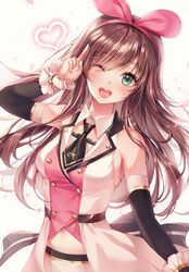  ;d absurdres black_necktie blue_eyes blush bow breasts brown_hair commentary detached_sleeves female gold_trim hairband head_tilt heart highres kizuna_ai kizuna_ai_(elegant) kizuna_ai_inc. light_particles long_hair looking_at_viewer medium_breasts multicolored_hair necktie one_eye_closed open_mouth pink_hair pink_hairband ribbon shirt shorts smile solo sparkle streaked_hair ttosom v virtual_youtuber 