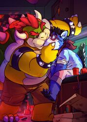  2019 absurd_res anthro belly blue_body blue_fur blush bottomwear bowser canid canine canis clothing detailed_background domestic_dog duo fur guffaw hi_res humanoid_hands kissing koopa male male/male mammal mario_bros nintendo one_eye_closed overweight overweight_male scalie shirt shorts sitting topwear wink 