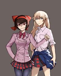  2girls absurdres blonde_hair blue_eyes brown_hair clothes_around_waist commentary girls_und_panzer girls_und_panzer_ribbon_no_musha grey_background hair_ribbon hand_on_own_hip highres jacket jacket_around_waist long_hair matsukaze_rin mole mole_under_eye multiple_girls okutorinno pantyhose plaid plaid_skirt red_eyes red_ribbon ribbon school_uniform shirt short_hair skirt tatenashi_high_school_uniform tsuruki_shizuka white_shirt 