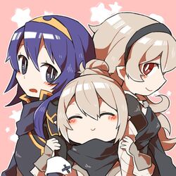  3girls black_hairband blue_eyes blue_hair closed_eyes closed_mouth commentary_request corrin_(female)_(fire_emblem) corrin_(fire_emblem) fire_emblem fire_emblem_awakening fire_emblem_fates from_side hairband kana_(female)_(fire_emblem) kana_(fire_emblem) long_hair lucina_(fire_emblem) multiple_girls open_mouth pointy_ears red_eyes shunrai smile tiara upper_body white_hair 