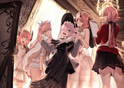  1boy 5girls alternate_costume astolfo_(fate) belt black_dress black_headwear black_ribbon black_skirt blunt_bangs braid bridal_veil chandelier circe_(fate) clipboard closed_eyes color_connection commentary_request dress elbow_gloves fate/apocrypha fate/grand_order fate_(series) feathered_wings florence_nightingale_(fate) frankenstein&#039;s_monster_(fate) gloves hair_color_connection hair_intakes hair_over_eyes hair_over_one_eye hair_ribbon head_wings highres holding holding_clipboard horns jacket joki_yoh long_hair mash_kyrielight mechanical_horns medb_(fate) medb_(first_ascension)_(fate) military military_uniform multicolored_hair multiple_girls one_eye_closed open_mouth pantyhose pink_hair pleated_skirt pointy_ears purple_eyes purple_hair red_jacket ribbon short_hair single_braid single_horn skirt smile streaked_hair tiara uniform veil white_belt white_dress white_gloves white_hair white_legwear white_skirt wings yellow_eyes 