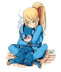  ara_ara blonde_female blonde_hair blue_eyes blush breast_squish breasts cute hug hug_from_behind larger_female mega_man mega_man(classic) mega_man_(character) nisego rockman rockman_(character) samus_aran size_difference smiling steam zero_suit zero_suit_samus 