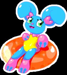  alpha_channel anthro blue_body clothing cotton_bunny_(smurli) fakemon female green_eyes inflatable inner_tube lagomorph mammal pink_body smurli solo swimwear yellow_clothing yellow_swimwear 