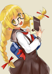  backpack bag bespectacled blonde_hair braid commentary_request doughnut female food glasses kabukimonogatari koukoku long_hair monogatari_(series) nanahyakuichi_middle_school_uniform oerba_yun_fang oshino_shinobu photoshop_(medium) school_uniform serafuku solo twin_braids twintails yellow_eyes 