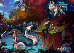  3boys 4girls amasawa_seiji arrietty barefoot broom broom_riding commentary company_connection crossover deviantart_sample dragon eastern_dragon english_commentary feet flying forest gake_no_ue_no_ponyo grass hakama hakama_skirt haku_(sen_to_chihiro_no_kamikakushi) heisei_tanuki_gassen_ponpoko howl_no_ugoku_shiro image_sample instrument japanese_clothes karigurashi_no_arrietty kaze_no_tani_no_nausicaa kiki_(majo_no_takkyuubin) kodama majo_no_takkyuubin mask mimi_wo_sumaseba mini_person minigirl mononoke_hime moro_no_ichizoku multiple_boys multiple_girls nature ogino_chihiro ohmu photoshop_(medium) ponyo river san_(mononoke_hime) sen_to_chihiro_no_kamikakushi sitting skirt sky sousuke_(ponyo) standing studio_ghibli tanuki tenkuu_no_shiro_laputa the_baron tonari_no_totoro umbrella unodu violin water wolf 