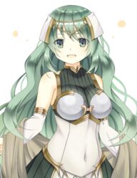  armor bare_shoulders bikini_armor breastplate commentary_request covered_navel curly_hair female fire_emblem fire_emblem_echoes:_shadows_of_valentia green_eyes green_hair hair_ornament long_hair open_mouth shira_yu_ki simple_background solo tatiana_(fire_emblem) teeth upper_body white_background 