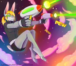  anthro clothed clothing cloud eyepiece female fur grungecandy gun hair hi_res lagomorph leporid mammal rabbit ranged_weapon solo teeth weapon 