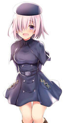  :d arms_behind_back bankoku_ayuya belt black_capelet black_coat black_hat blush capelet coat commentary_request fate/grand_order fate_(series) female hat looking_at_viewer mash_kyrielight mash_kyrielight_(traveling_outfit) official_alternate_costume open_mouth pink_hair protected_link purple_eyes short_hair simple_background smile solo standing white_background 