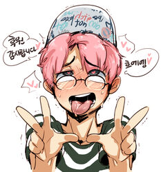  1boy :p ahe_gao bad_id bad_pixiv_id commentary_request doppel_(bonnypir) double_w glasses hat heart heart-shaped_pupils korean_commentary korean_text male_focus park_jinim_(parkgee) pink_hair real_life shirt simple_background solo striped_clothes striped_shirt symbol-shaped_pupils tongue tongue_out w white_background 