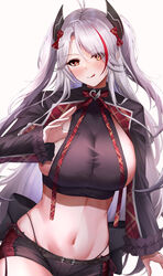  :q absurdres antenna_hair azur_lane black_shorts bow bowtie breasts cleavage cowboy_shot crop_top female frilled_sleeves frills highleg highleg_panties highres idol_clothes kirisamede_gzr large_breasts licking_lips looking_at_viewer midriff multicolored_hair navel official_alternate_costume panties plaid plaid_bow plaid_bowtie prinz_eugen_(azur_lane) prinz_eugen_(muse)_(azur_lane) red_hair short_shorts shorts sideboob sideboob_cutout solo streaked_hair string_panties tongue tongue_out two_side_up underwear white_background white_hair 