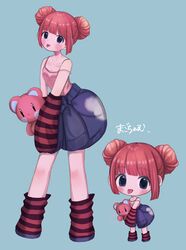  arm_warmers bare_shoulders blue_background blue_eyes chibi clothes_around_waist collarbone double_bun female full_body hair_bun highres holding holding_stuffed_toy jacket jacket_around_waist leg_warmers looking_at_viewer magochamu multiple_views original pink_shirt red_arm_warmers red_hair red_leg_warmers shirt short_hair sleeveless sleeveless_shirt sleeves_past_fingers sleeves_past_wrists spaghetti_strap standing strap_slip striped_arm_warmers striped_leg_warmers stuffed_toy tongue tongue_out 