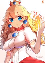  alternate_breast_size artist_name blonde_hair blue_eyes blue_gemstone breasts brooch chinchongcha closed_mouth collar collared_dress commentary covered_nipples cowboy_shot crown dress earrings elbow_gloves english_commentary female fire fire_peach gem gloves highres jewelry lace-trimmed_sleeves lace_trim light_blush light_particles long_hair looking_at_viewer mario_(series) mini_crown mixed-language_commentary princess_peach puffy_short_sleeves puffy_sleeves pyrokinesis red_collar short_sleeves simple_background smile solo sphere_earrings watermark white_background white_dress white_gloves white_sleeves yellow_crown 