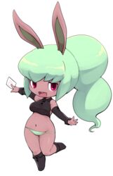  animal_ears blush breasts bunny_mint detached_sleeves female green_hair high_ponytail long_hair navel no_pants nollety open_mouth panties pink_eyes rabbit_ears rabbit_girl simple_background solo striped_clothes striped_panties underwear white_background youkai_(youkai_watch) youkai_watch 