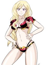  armor armpits artist_name bare_legs bikini_armor blonde_hair closed_mouth collarbone exit_(brush_whip) female female_knight_(goblin_slayer!) goblin_slayer! highres knight long_hair navel official_alternate_costume purple_eyes red_armor solo stomach sweatdrop thighs white_background 