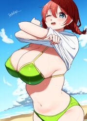  ;d absurdres artist_name beach bikini bikini_under_clothes blue_eyes blue_sky blush braid breasts brown_hair cleavage cloud commentary_request cowboy_shot cumulonimbus_cloud day emma_verde female freckles green_bikini highres huge_breasts looking_ahead love_live! love_live!_nijigasaki_high_school_idol_club low_twin_braids medium_hair navel one_eye_closed open_mouth outdoors shirt signature sky smile solo stomach string_bikini sweat swimsuit tarakon teeth twin_braids undressing upper_teeth_only white_shirt 