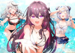  3girls amane_kanata amane_kanata_(summer) bikini black_bikini black_choker black_hair blue_skirt breasts choker closed_eyes colored_inner_hair double_bikini grey_hair hair_intakes hair_ornament hololive large_breasts long_hair multicolored_hair multiple_girls official_alternate_costume one_eye_closed open_mouth pink_hair purple_hair red_bikini sakamata_chloe satsuki_(pixiv_742410) short_hair skirt small_breasts smile streaked_hair swimsuit virtual_youtuber white_bikini x_hair_ornament 