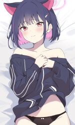  absurdres animal_ears bare_shoulders bed_sheet black_panties blue_archive blue_hair blush cat_ears closed_mouth clothes_pull collarbone colored_inner_animal_ears colored_inner_hair extra_ears female from_above hair_ornament hairclip halo hand_on_own_chest highres kazusa_(blue_archive) kurumi_kororin looking_at_viewer lying multicolored_hair off-shoulder_sweater off_shoulder on_back on_bed panties pink_halo red_eyes short_hair solo sweater underwear wavy_mouth 