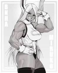  absurdres animal_ears bare_shoulders biceps boku_no_hero_academia border breasts character_name clenched_hand covered_abs crescent_print female flexing from_side fur_collar grey_background greyscale grin hand_on_own_hip highleg highleg_leotard highres large_breasts leotard long_eyelashes long_hair looking_at_viewer mirko monochrome muscular muscular_female parted_bangs rabbit_ears rabbit_girl revision sleeveless_turtleneck_leotard smile solo speedl00ver taut_leotard teeth thick_thighs thighhighs thighs twitter_username veins veiny_arms very_long_hair white_border 